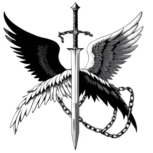 Angel wing design, one black and one white, with a broken sword chained on both sides. tattoo design idea