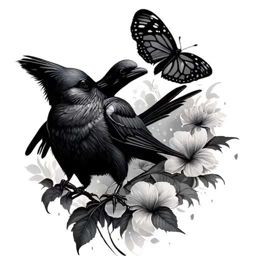 crow and butterfly perched ontop tattoo design idea
