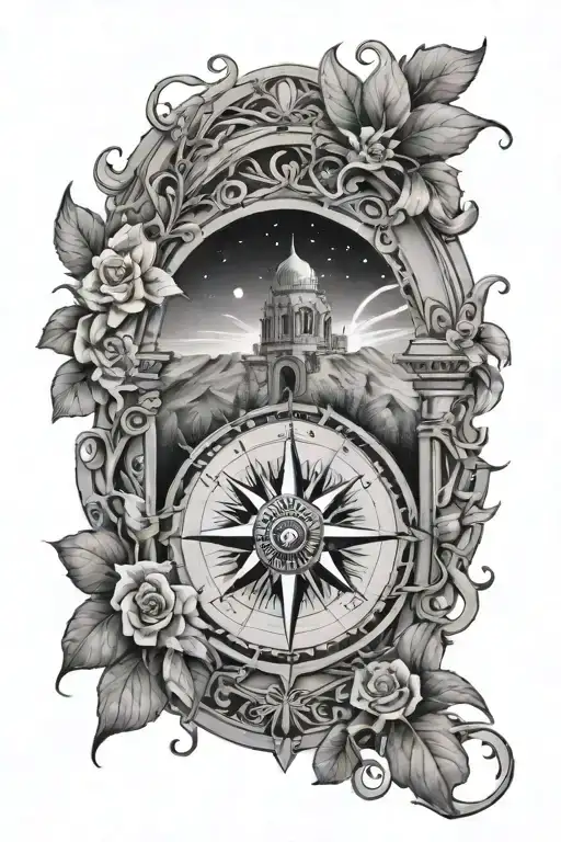 Arch monument with wrapping vines, compass points inside the arch and stary space in the background. tattoo design idea