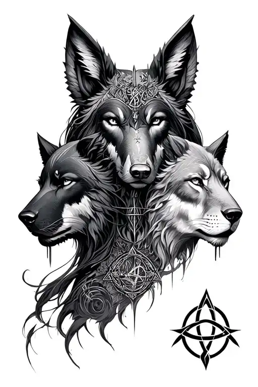 three-faced goddess Hecate but each face is replace by an animal's (bear-wolf-lioness); add the triquetra symbol and the tattoo design idea