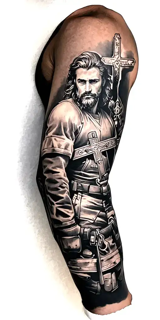 Christian and firefighting arm sleeve tattoo design idea