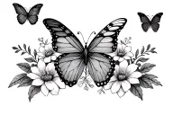 flowers, butterfly, Isabelle in cursive integrated in vertical tattoo design idea