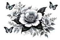 flowers, butterfly, Isabelle in cursive integrated in vertical tattoo design idea