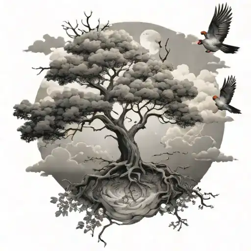 poision tree clouds birds tattoo design idea