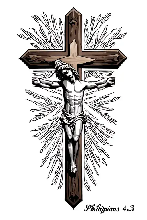 "Philippians 4:13" **Central Element:** A strong, stylized cross, symbolizing Christ’s strength. - **Incorporated Text:** The verse referen tattoo design idea