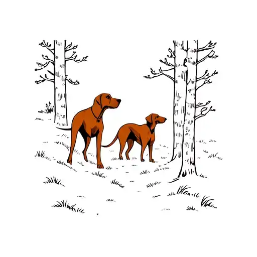 Bond between a vizsla and owner walking through the woods tattoo design idea