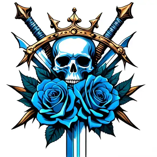 skull roses thorns sword warpping around each other and crown on top and all blue or black tattoo design idea