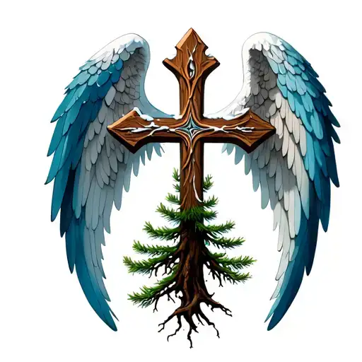 cross, pine tree, angel wings, roots, elaborate, snow, abstract tattoo design idea