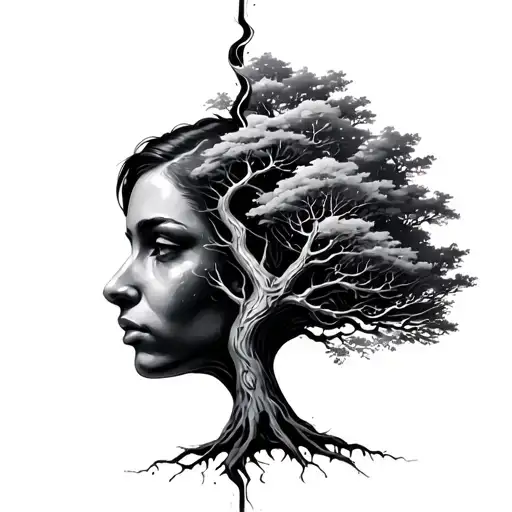 split personality tree tattoo design idea