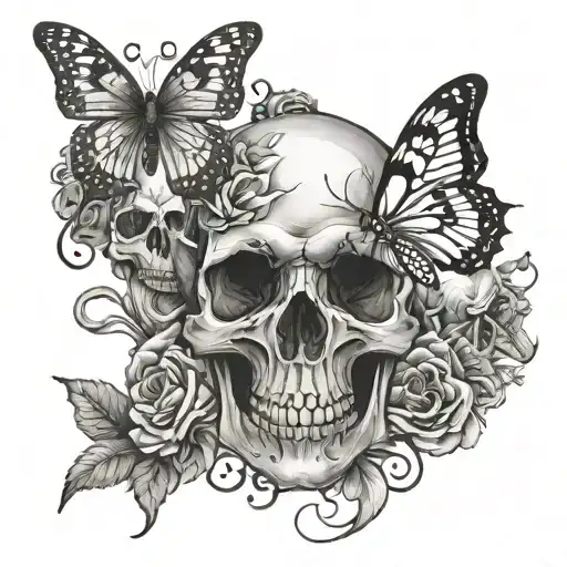 butterfly and skull hands tattoo design idea