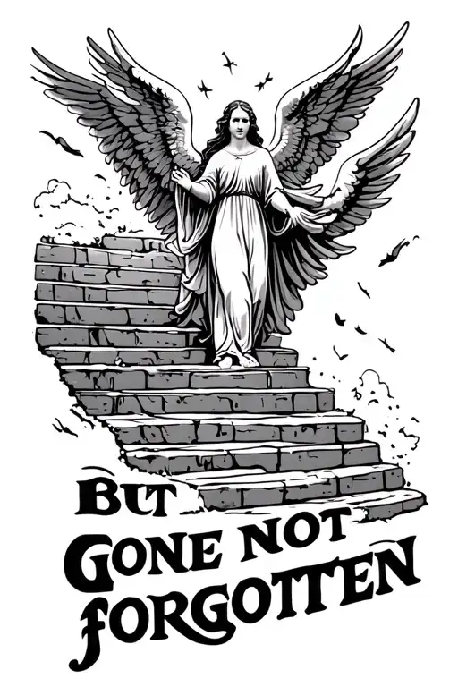 "Gone but not forgotten" cinematic stairway to heaven serene holding hands leaving earth walking into heaven angels  tattoo design idea
