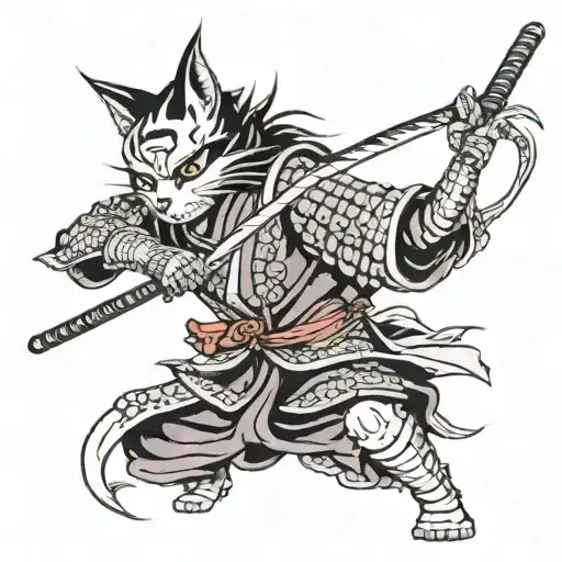 Samurai with cats face swinging a sword tattoo design idea