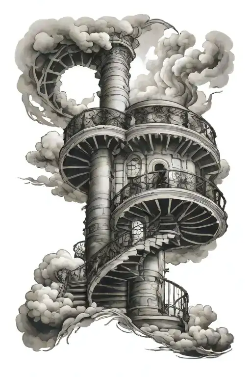 A leg sleeve tattoo depicting a spiral staircase rising up the leg into a clouded sky. the staircase should be old tattoo design idea