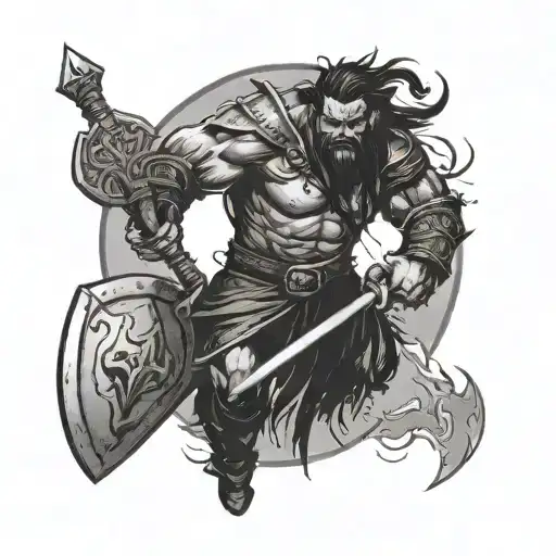 half orc fighter with battle axe and shield adorned silhouette tattoo design idea