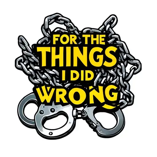 "FOR THE THINGS I DID WRONG" a pair of handcuffs with silver chains wrapping around the text. Lots of bright colour in the writing tattoo design idea