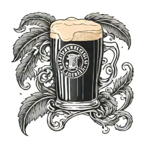 a pint of Guinness with a large cladagh ring hovering rapped around the outside of the glass. In black and white ink tattoo design idea