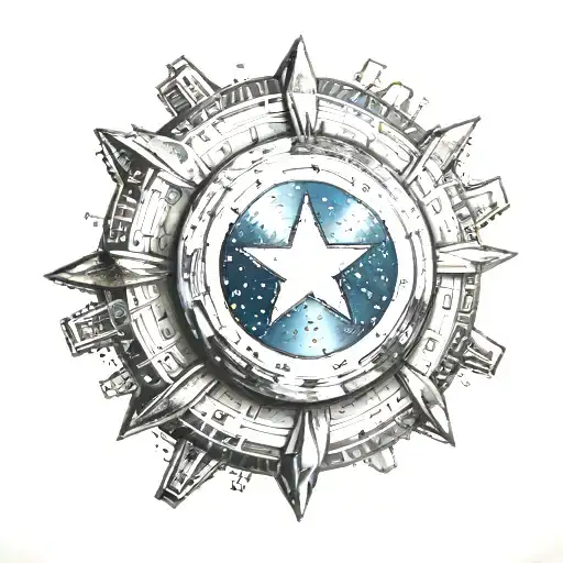 An intricate design of Captain America's shield incorporating elements of strength and conditioning equipment tattoo design idea
