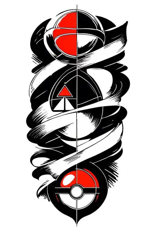 Brush stroke lines wrapping arm incorporating symbols: triforce, pokeball, symbols for pewter and copper from mistborn tattoo design idea