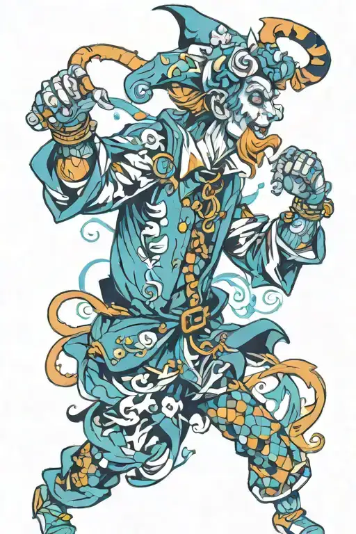 This full-sleeve tattoo is a vivid and multi-layered work of art, centered around a jester, embodying the contradictions tattoo design idea