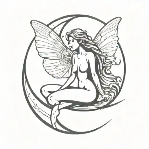 fairy sitting on moon facing moon and moon has a face tattoo design idea
