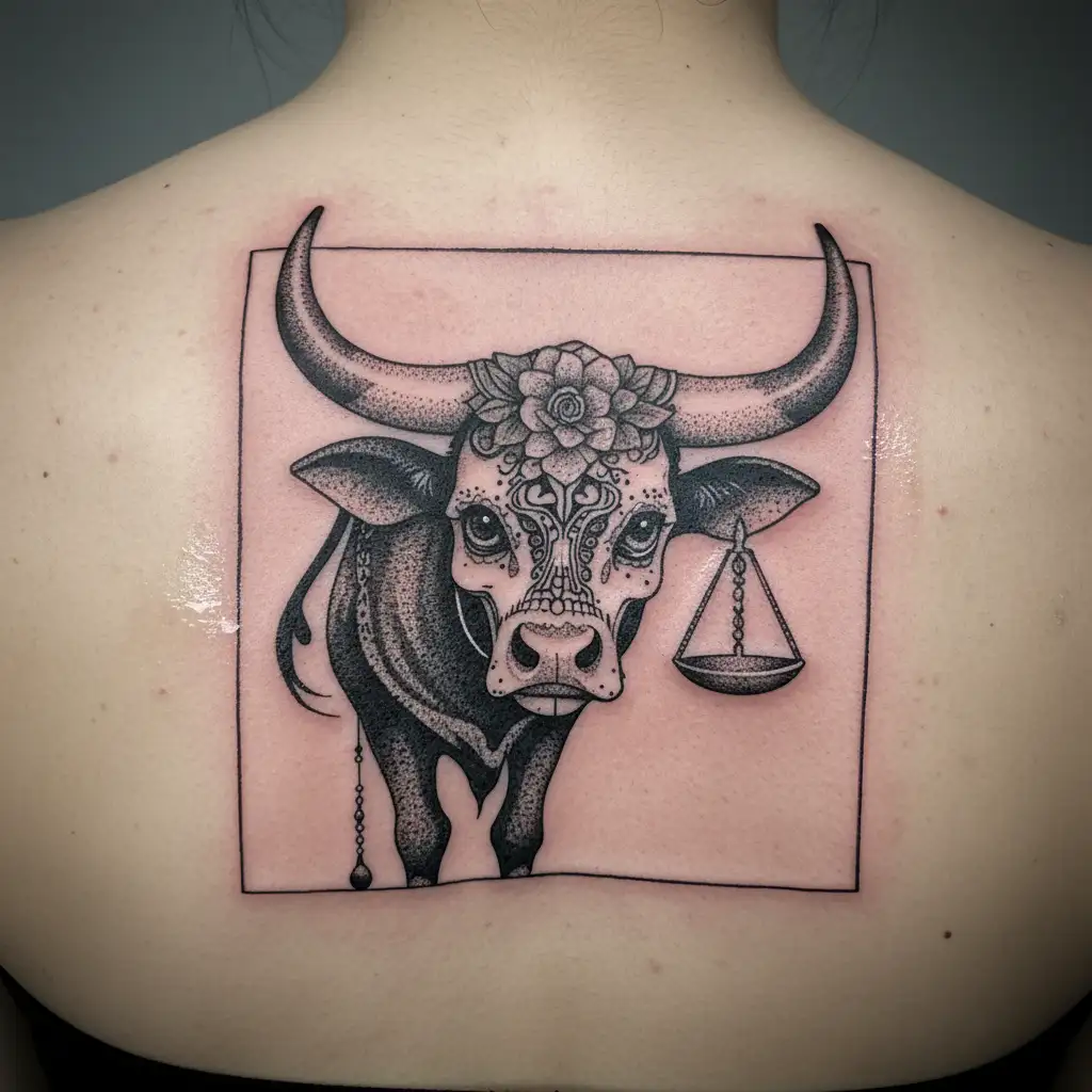 feminine bull with sugar skull markings, brown eyes and two Libra scales and dark background tattoo design idea