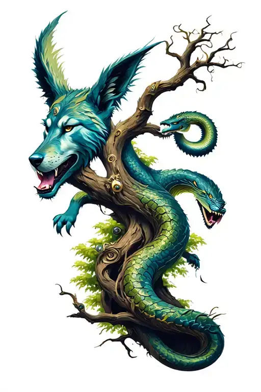 Yggdrasil world tree with fenrir viking norse wolf and jörmungandr the world serpent. Nine realms of nordic mythology tattoo design idea