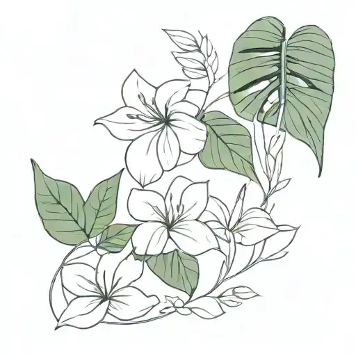 lilies and monstera leaf intertwined vines growing tattoo design idea