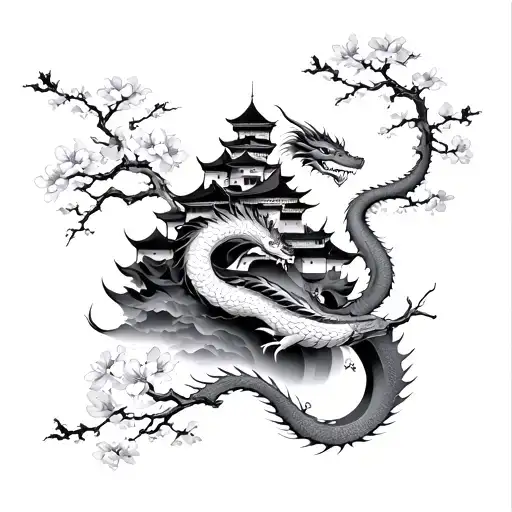leg tattoo of samurai cherry blossom dragon wrapping around castle tattoo design idea