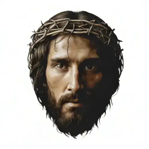 Hyper realistic portrait of Jesus Christ with a crown of thorns  tattoo design idea
