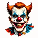 Transform this artwork into a caricatured clown, resembling a silly monster. Add pointed teeth and a smile similar to th tattoo design idea