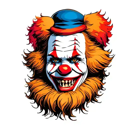 Transform this artwork into a caricatured clown, resembling a silly monster. Add pointed teeth and a smile similar to th tattoo design idea