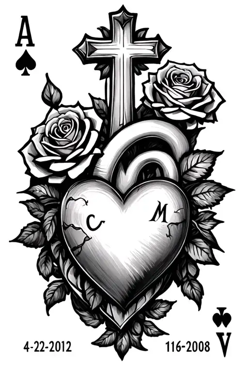 rose, a cross, austism heart puzzle, initials A C M letter,dates 4-22-2012,11-18-2008, playing card, alice madness theme tattoo design idea