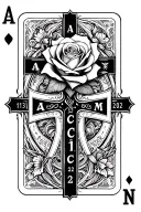 rose, a cross, austism heart puzzle, initials A C M letter,dates 4-22-2012,11-18-2008, playing card, alice madness theme tattoo design idea