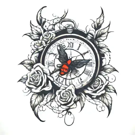black widow and rose and clock and barbed wire  tattoo design idea