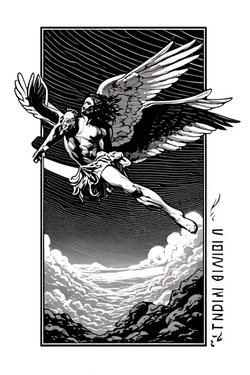 Icarus falling from the sky with geometric lines in the background and a text vertically "memento viviere" on the side tattoo design idea