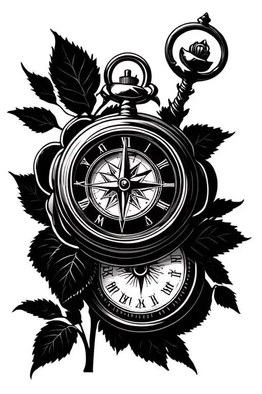 poppie, rose, pocket watch, compass tattoo design idea