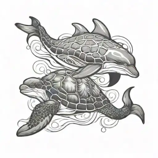 dolphin and turtle playing tattoo design idea