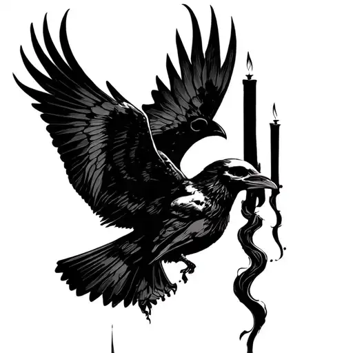 Negative space raven flying, skull and candle overlay tattoo design idea