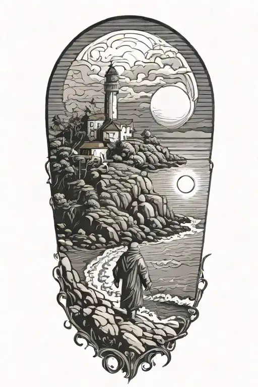 A lone hermit, wandering by the ocean, looking out at sea. Monastery in the background and full moon tattoo design idea