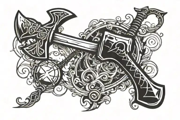 “Create a flat tattoo design featuring the Leviathan Axe and Mjölnir hammer in a dynamic clash, as if they are striking  tattoo design idea