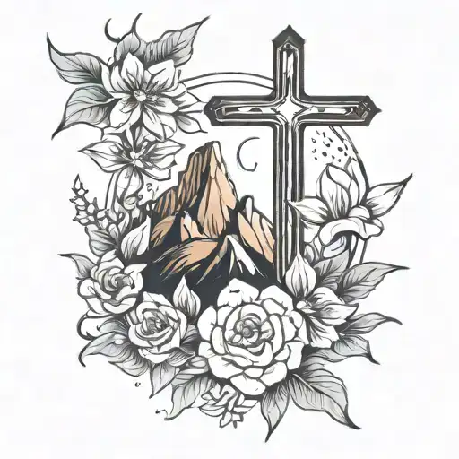 elegant tattoo with flowers mountains and a cross no colors tattoo design idea
