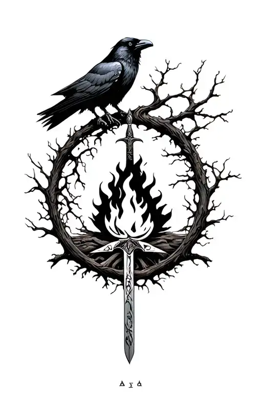 tree of life a raven, Norse runes and a bonfire with sword in it tattoo design idea