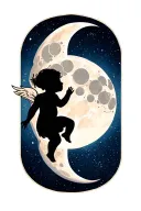 waxing gibbous moon phase with tiny cherub baby silhouette in the galaxy tattoo design idea