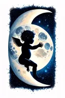 waxing gibbous moon phase with tiny cherub baby silhouette in the galaxy tattoo design idea