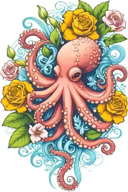 octopus, snowdrop, rose,  marigold flower tattoo design idea