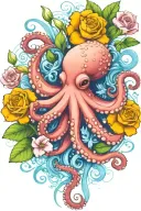 octopus, snowdrop, rose,  marigold flower tattoo design idea