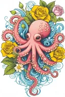 octopus, snowdrop, rose,  marigold flower tattoo design idea