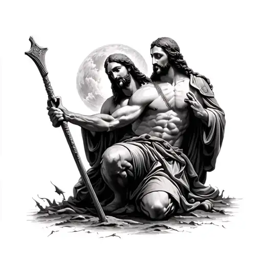 Majestic Jesus, kneeling soldier, chaos, divine light, hope, surrender, destruction, faith, celestial, detailed, realist tattoo design idea