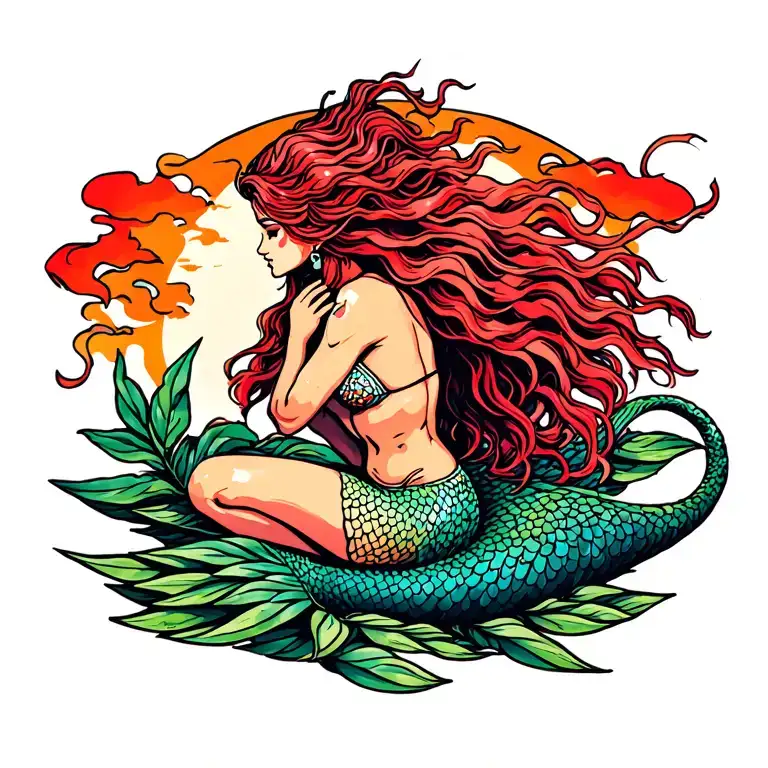 mermaid sitting on anchoe with long tail tattoo design idea