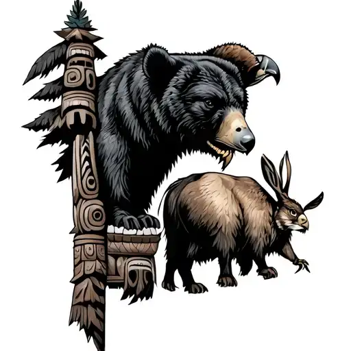 totem pole with a black bear, bison, caribou, rabbit, and hawk tattoo design idea